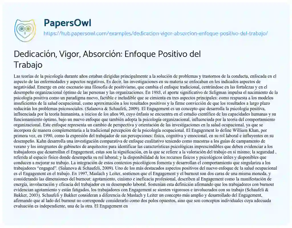 Essay on Dedicación, Vigor, Absorción: Enfoque Positivo del Trabajo