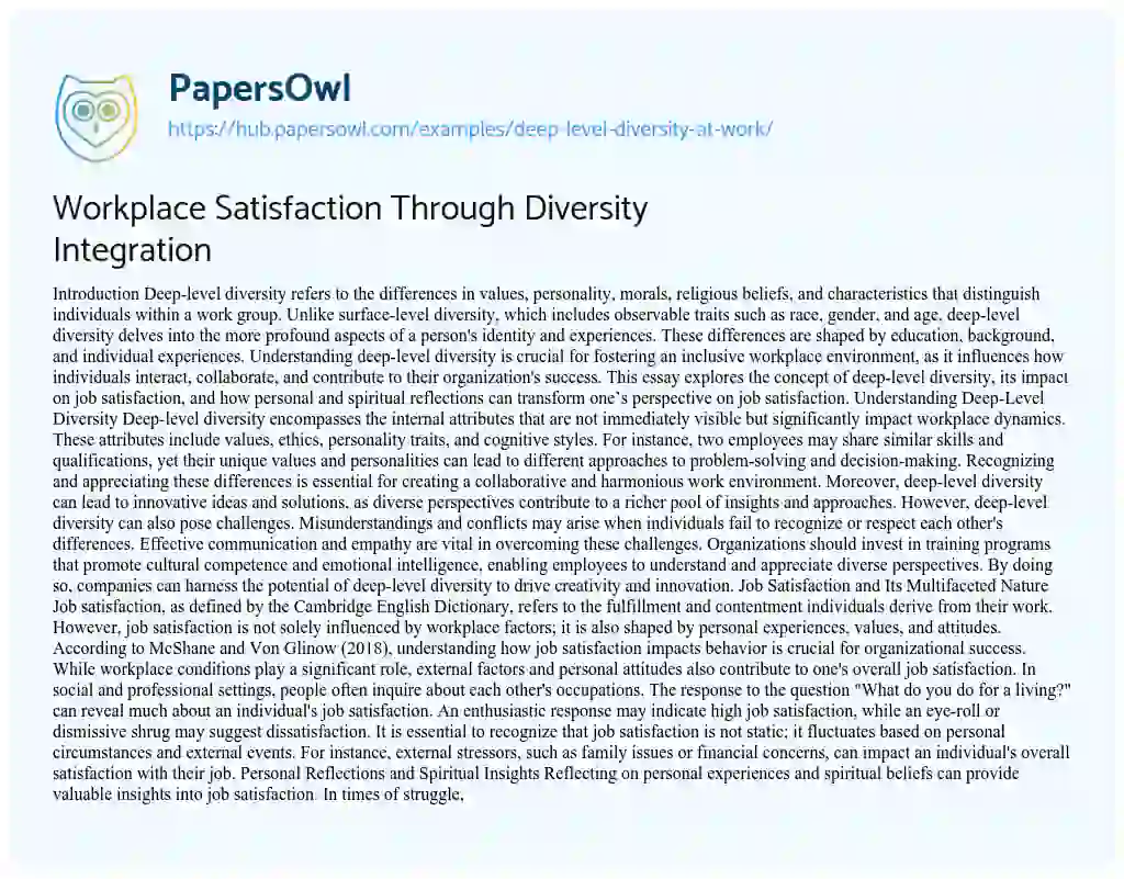 Essay on Workplace Satisfaction Through Diversity Integration