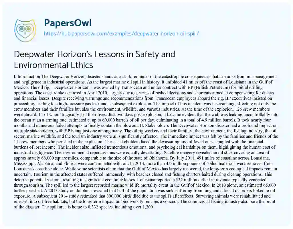 Essay on Deepwater Horizon’s Lessons in Safety and Environmental Ethics