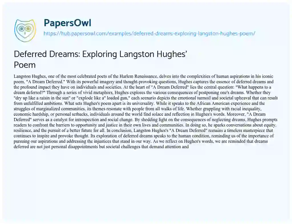 Essay on Deferred Dreams: Exploring Langston Hughes’ Poem