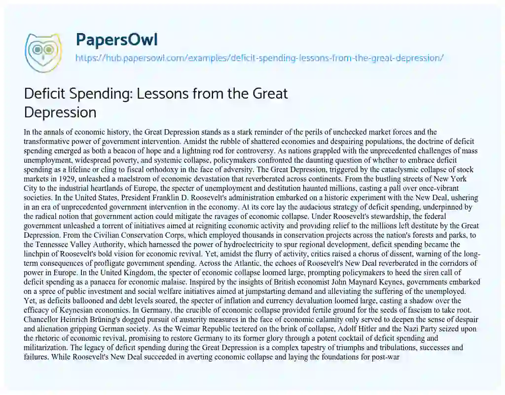 Essay on Deficit Spending: Lessons from the Great Depression