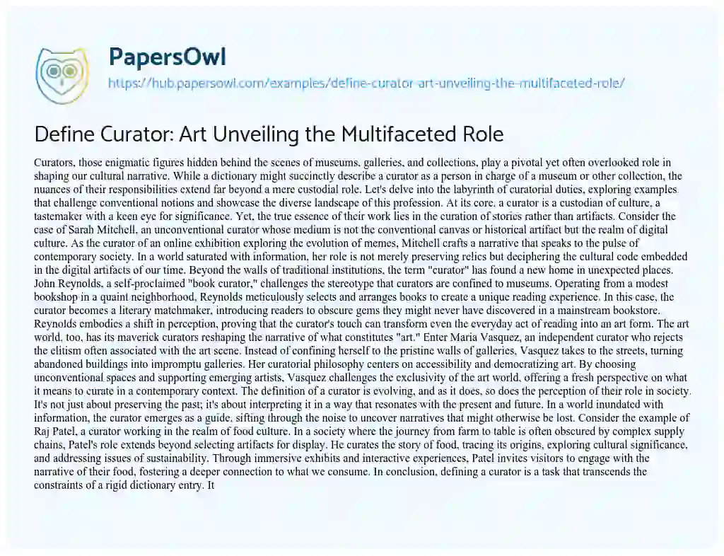 Essay on Define Curator: Art Unveiling the Multifaceted Role