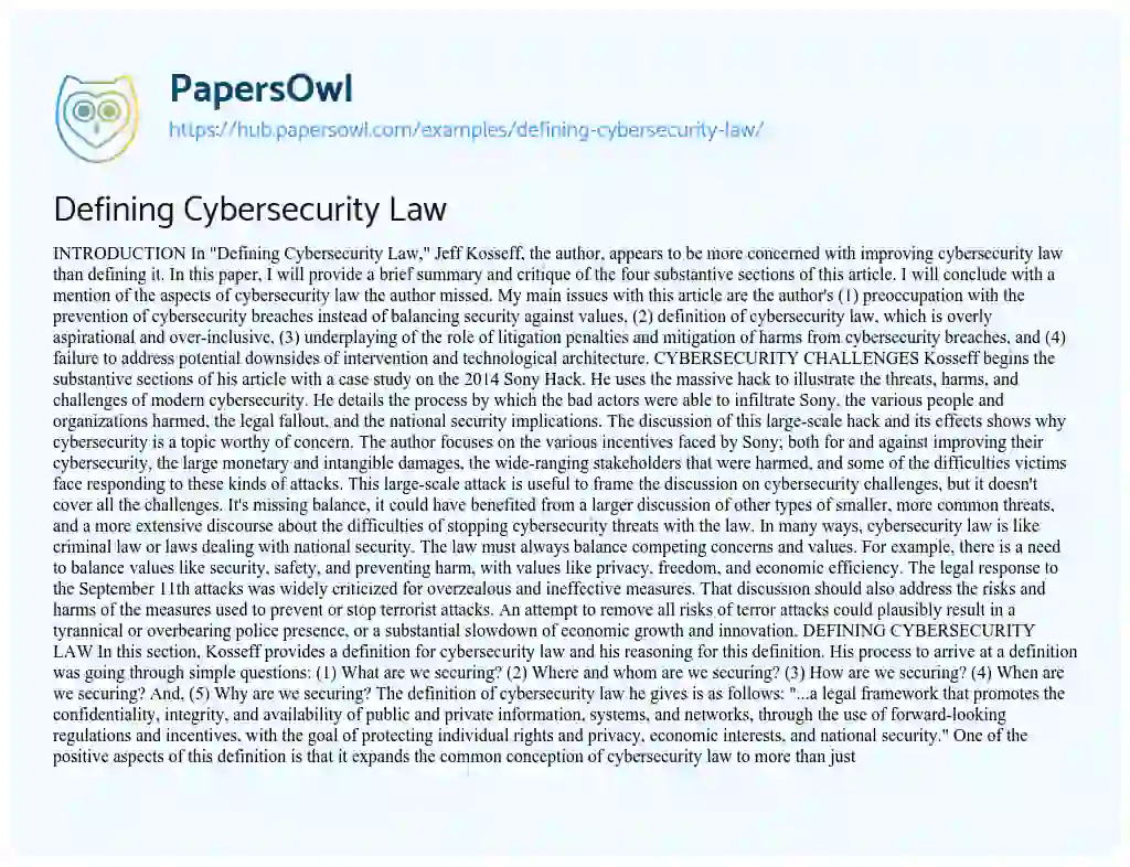 Essay on Defining Cybersecurity Law