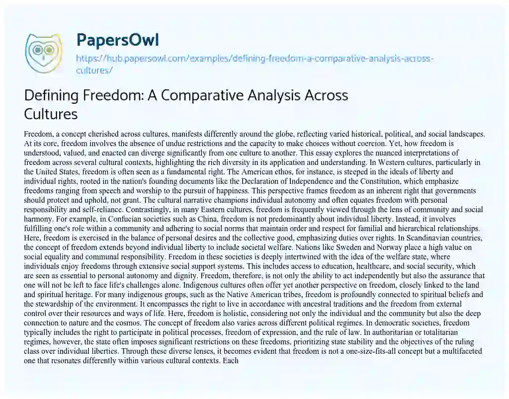 Essay on Defining Freedom: A Comparative Analysis Across Cultures