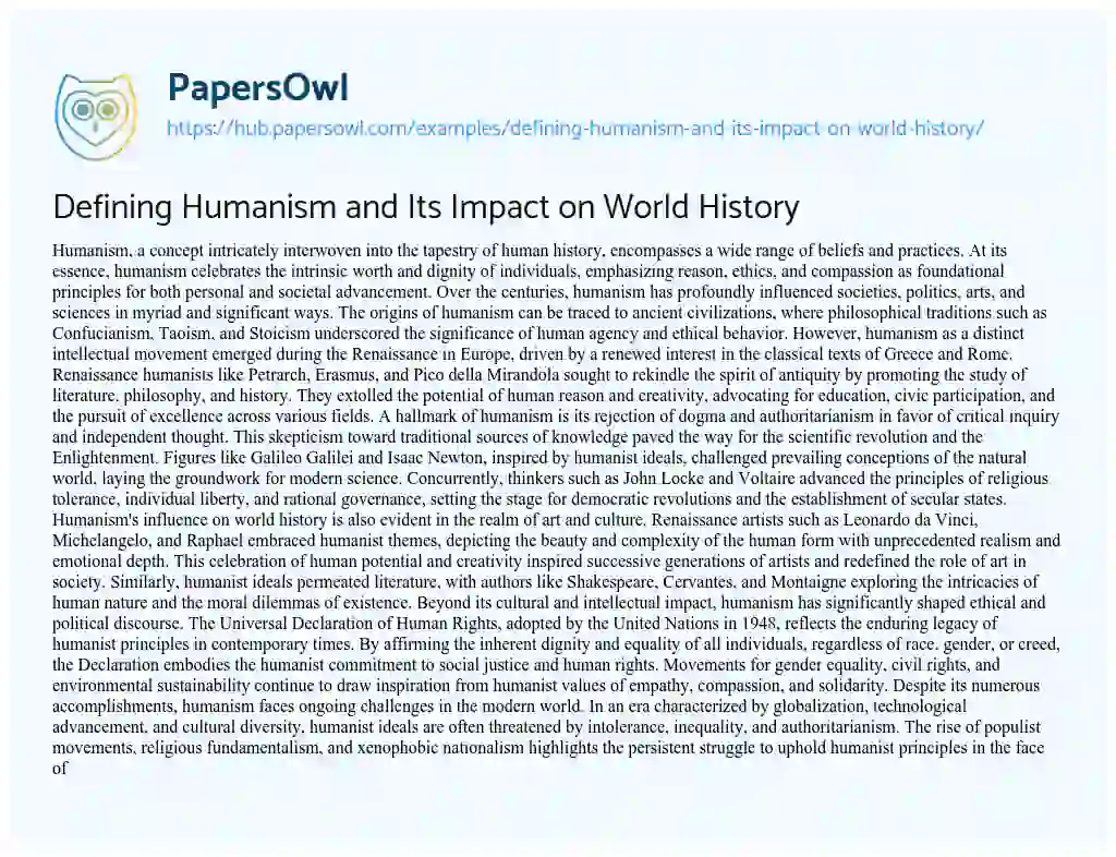 Essay on Defining Humanism and Its Impact on World History
