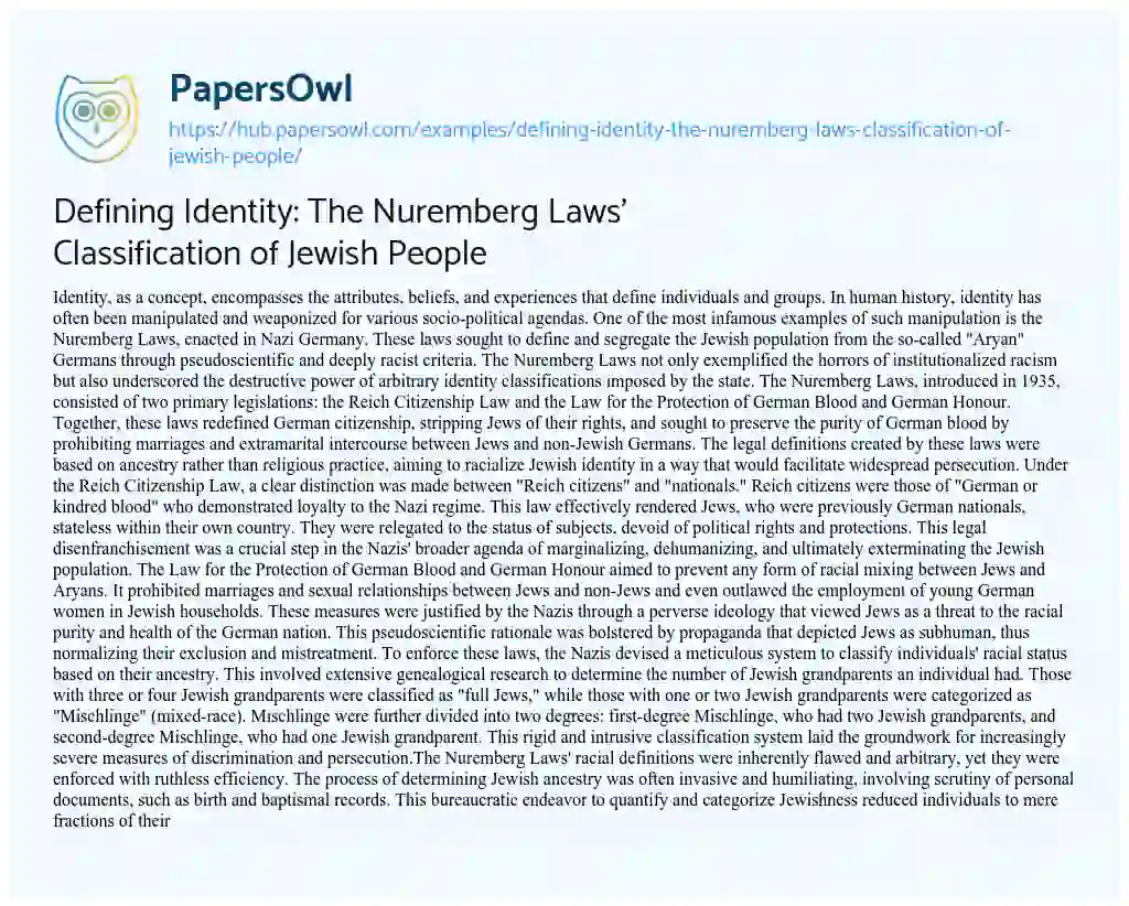Essay on Defining Identity: The Nuremberg Laws’ Classification of Jewish People