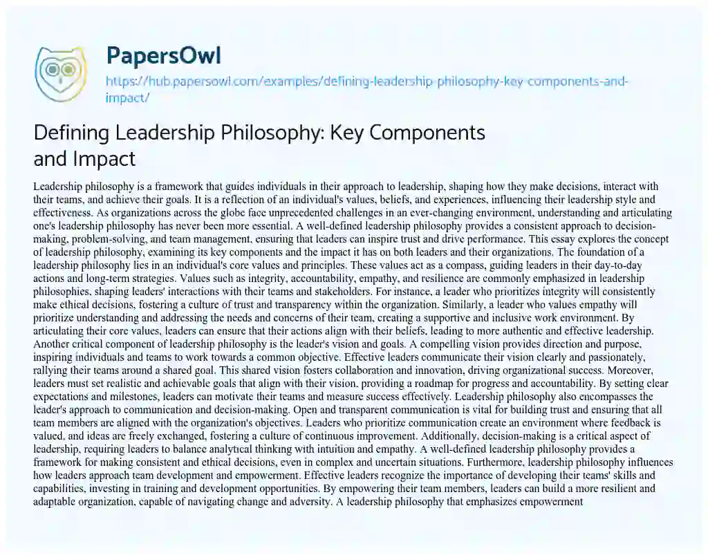 Essay on Defining Leadership Philosophy: Key Components and Impact
