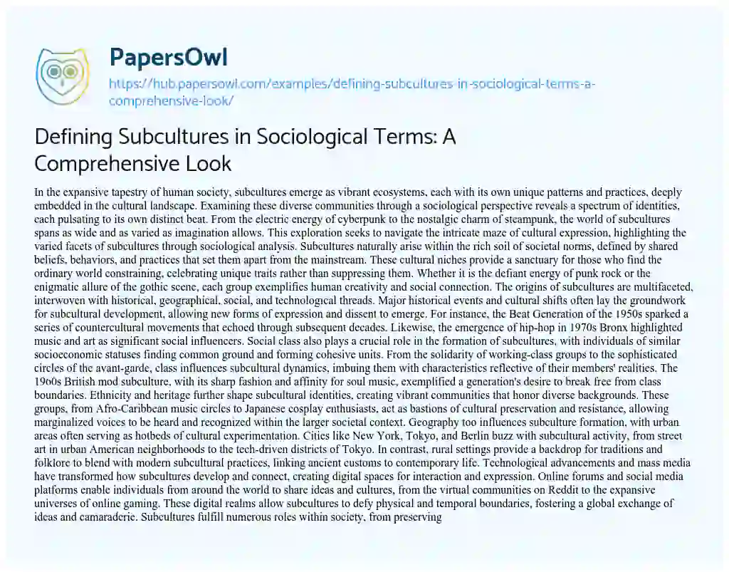 Essay on Defining Subcultures in Sociological Terms: A Comprehensive Look