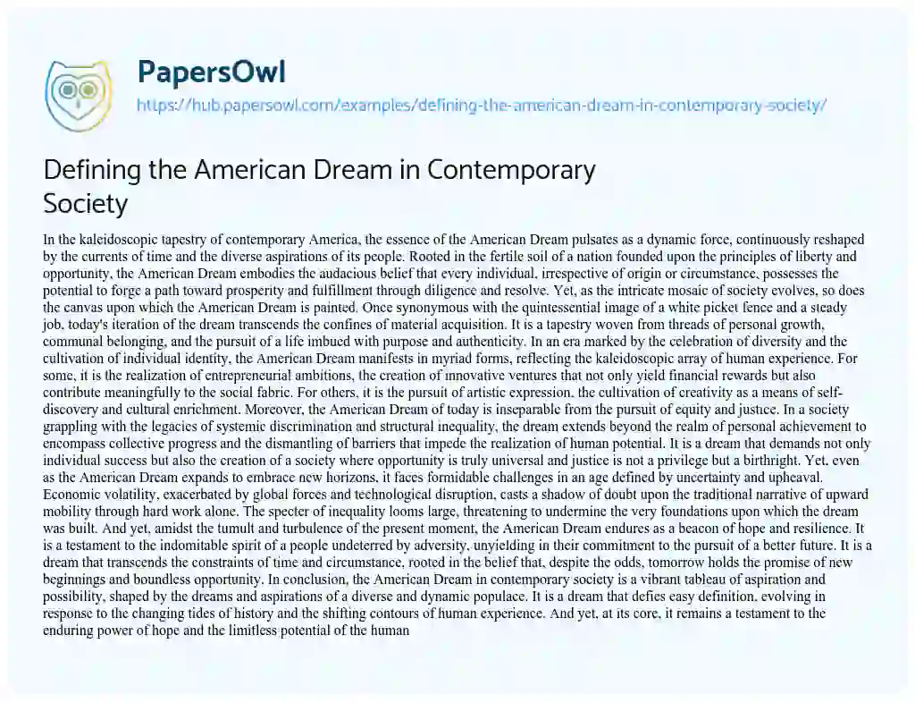 Essay on Defining the American Dream in Contemporary Society