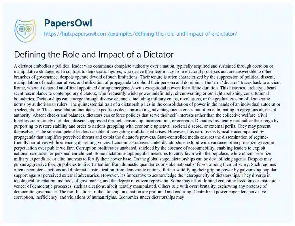 Essay on Defining the Role and Impact of a Dictator