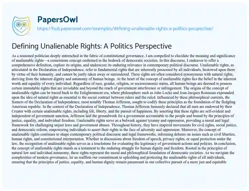 Essay on Defining Unalienable Rights: A Politics Perspective
