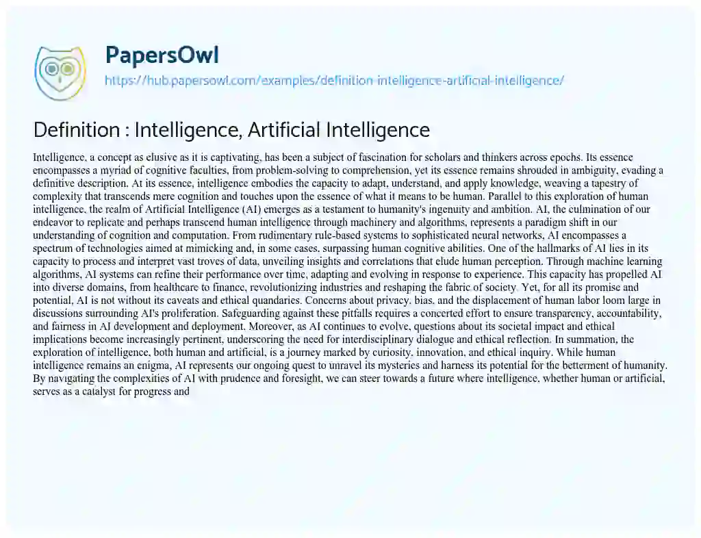 Essay on Definition : Intelligence, Artificial Intelligence