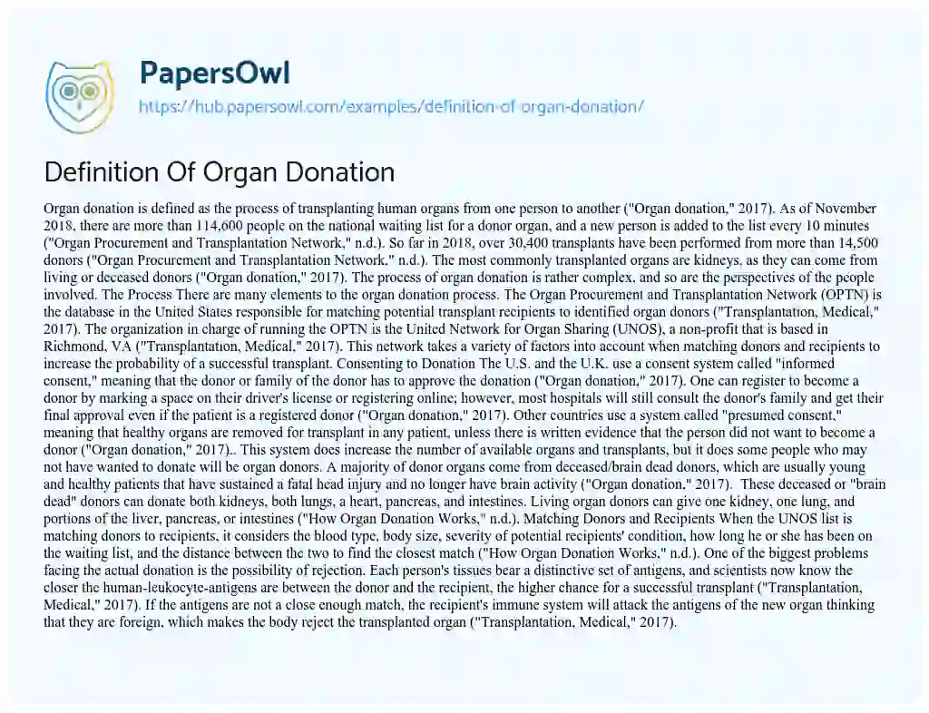 Essay on Definition Of Organ Donation