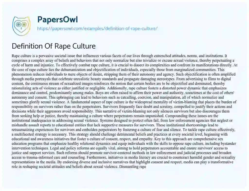 Essay on Definition Of Rape Culture