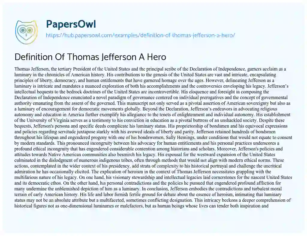 Essay on Definition Of Thomas Jefferson A Hero