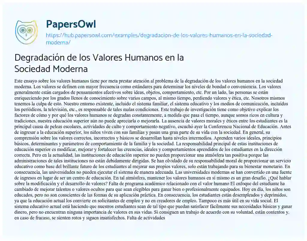 Essay on Degradación de los Valores Humanos en la Sociedad Moderna
