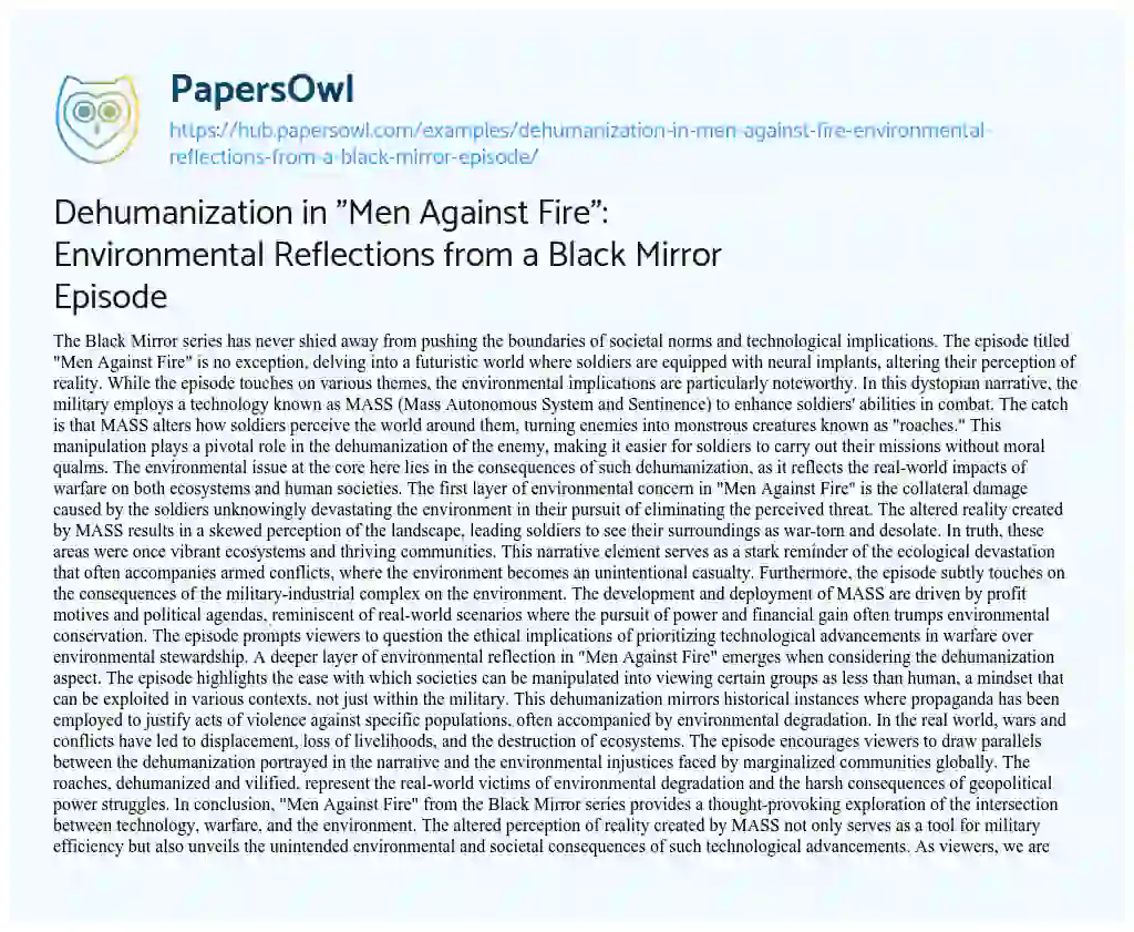 Essay on Dehumanization in “Men Against Fire”: Environmental Reflections from a Black Mirror Episode