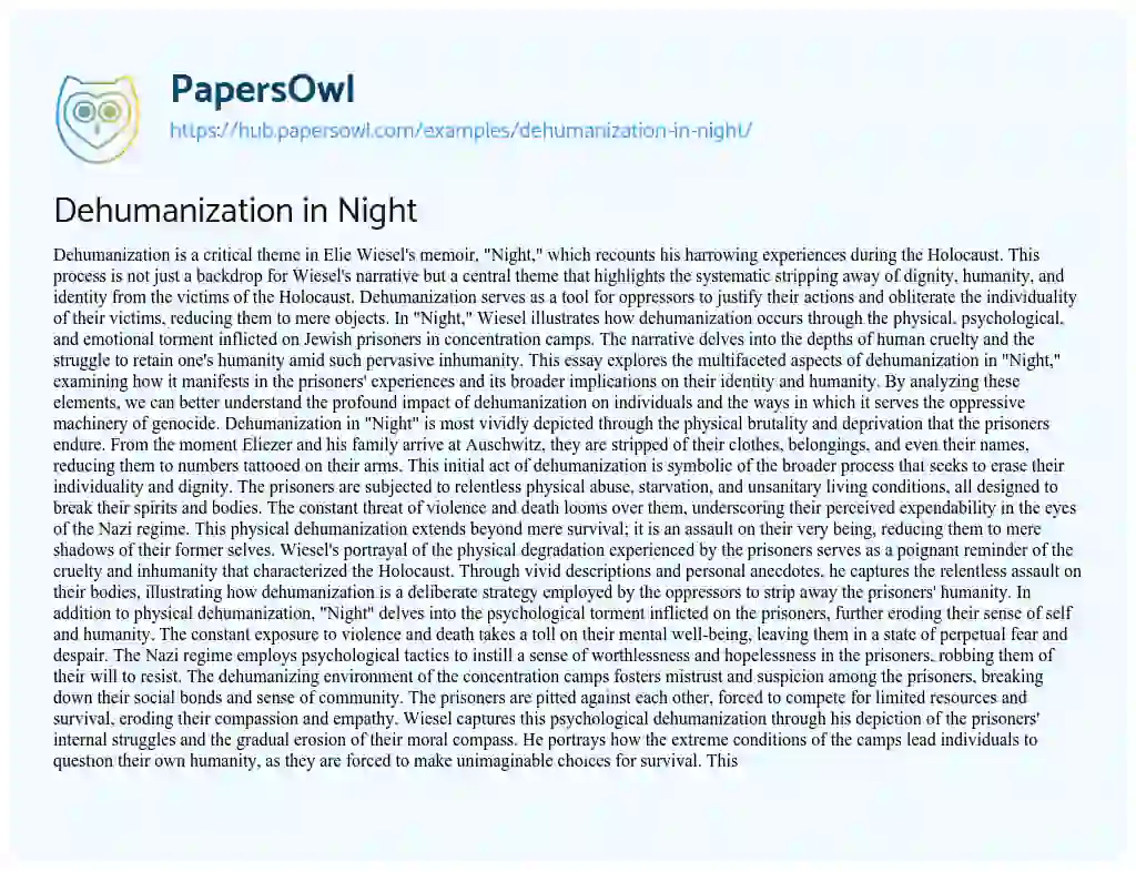 Essay on Dehumanization in Night
