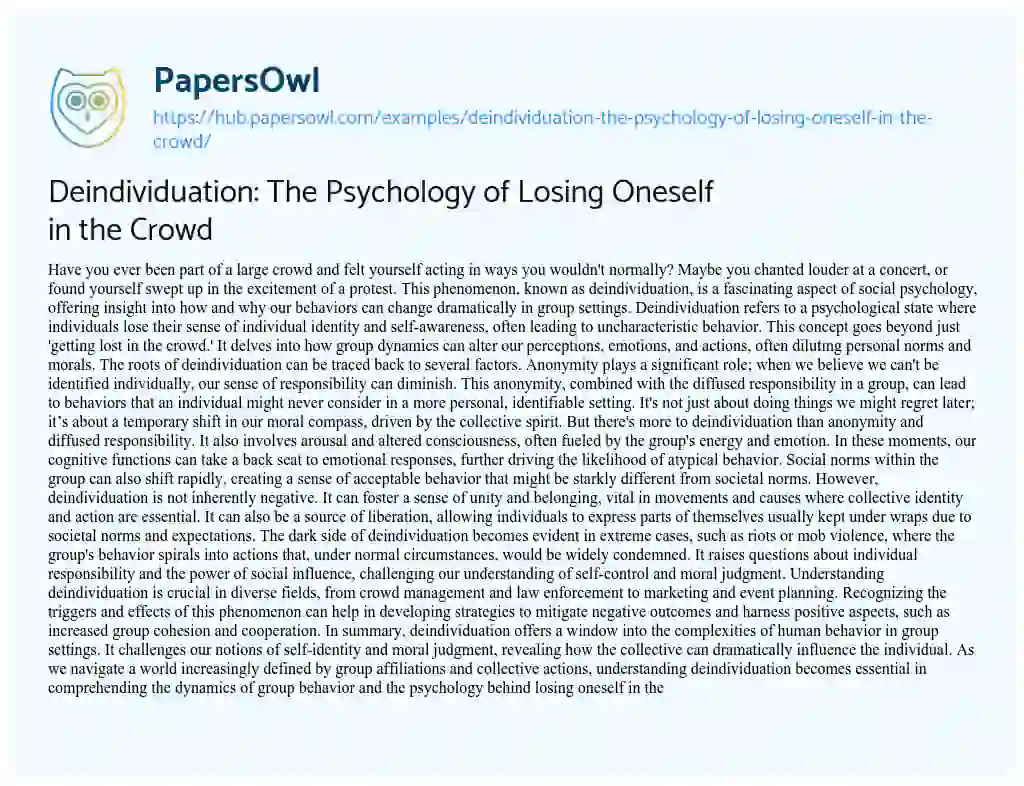Essay on Deindividuation: The Psychology of Losing Oneself in the Crowd
