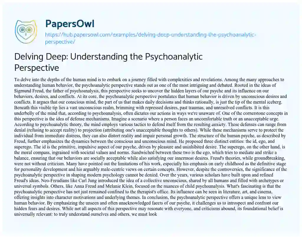 Essay on Delving Deep: Understanding the Psychoanalytic Perspective