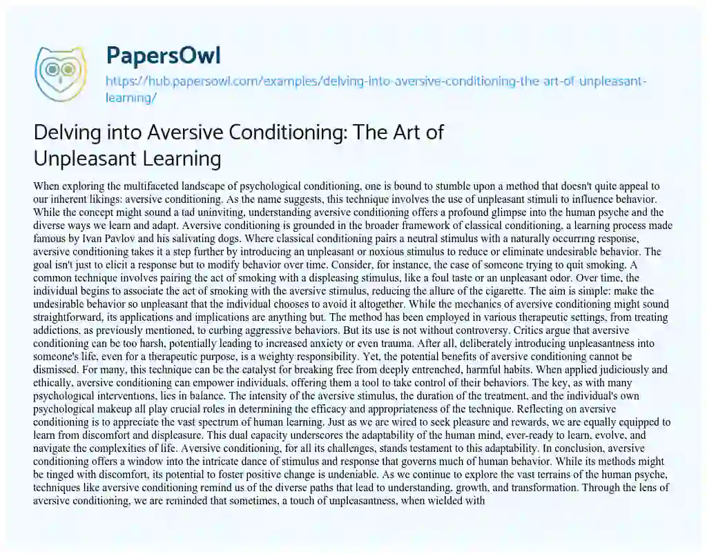 Essay on Delving into Aversive Conditioning: The Art of Unpleasant Learning