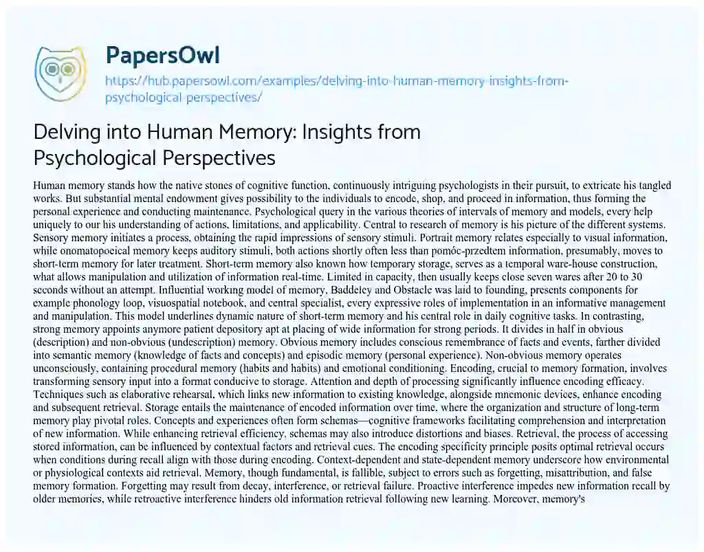 Essay on Delving into Human Memory: Insights from Psychological Perspectives