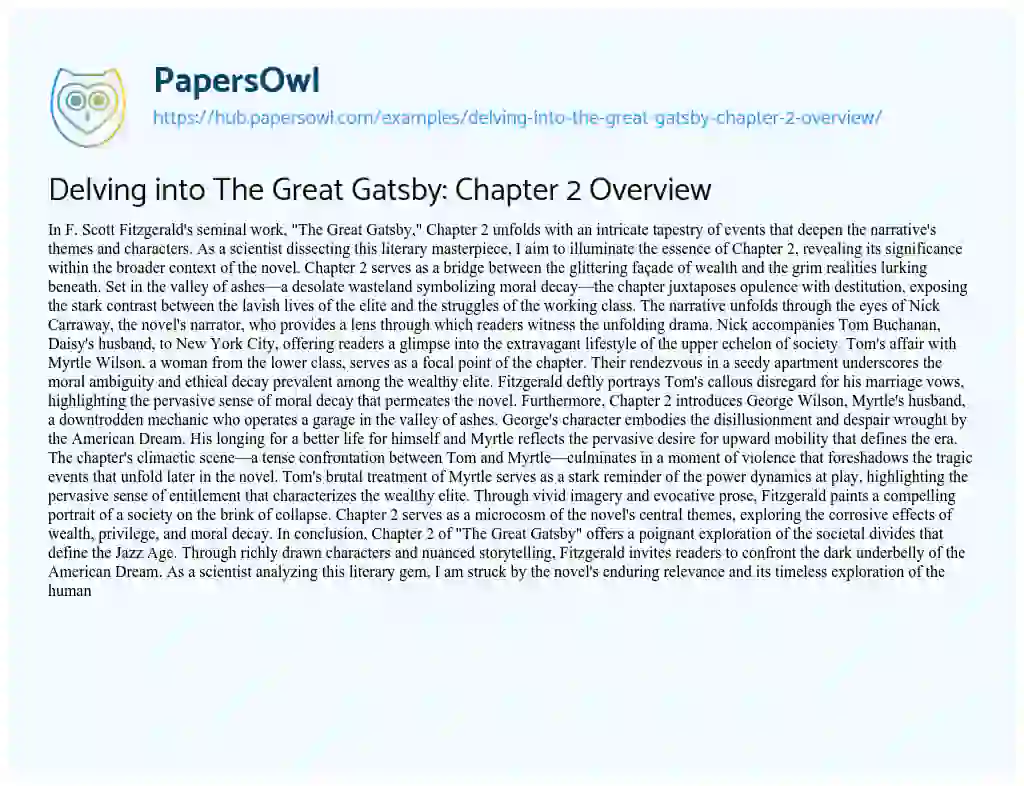 Essay on Delving into The Great Gatsby: Chapter 2 Overview