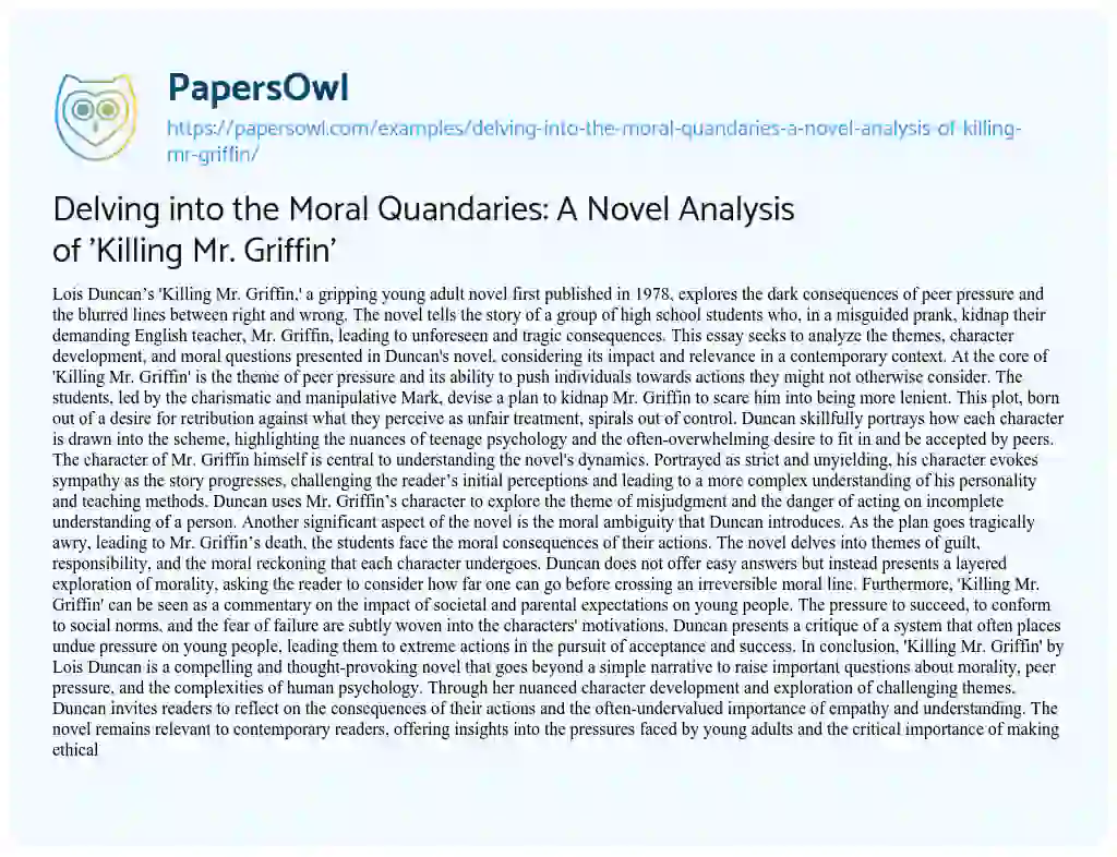 Essay on Delving into the Moral Quandaries: A Novel Analysis of ‘Killing Mr. Griffin’