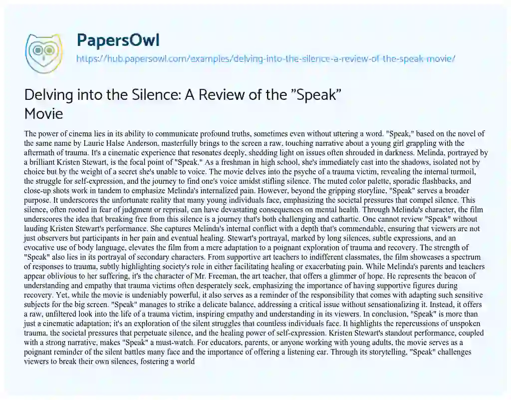Essay on Delving into the Silence: A Review of the “Speak” Movie