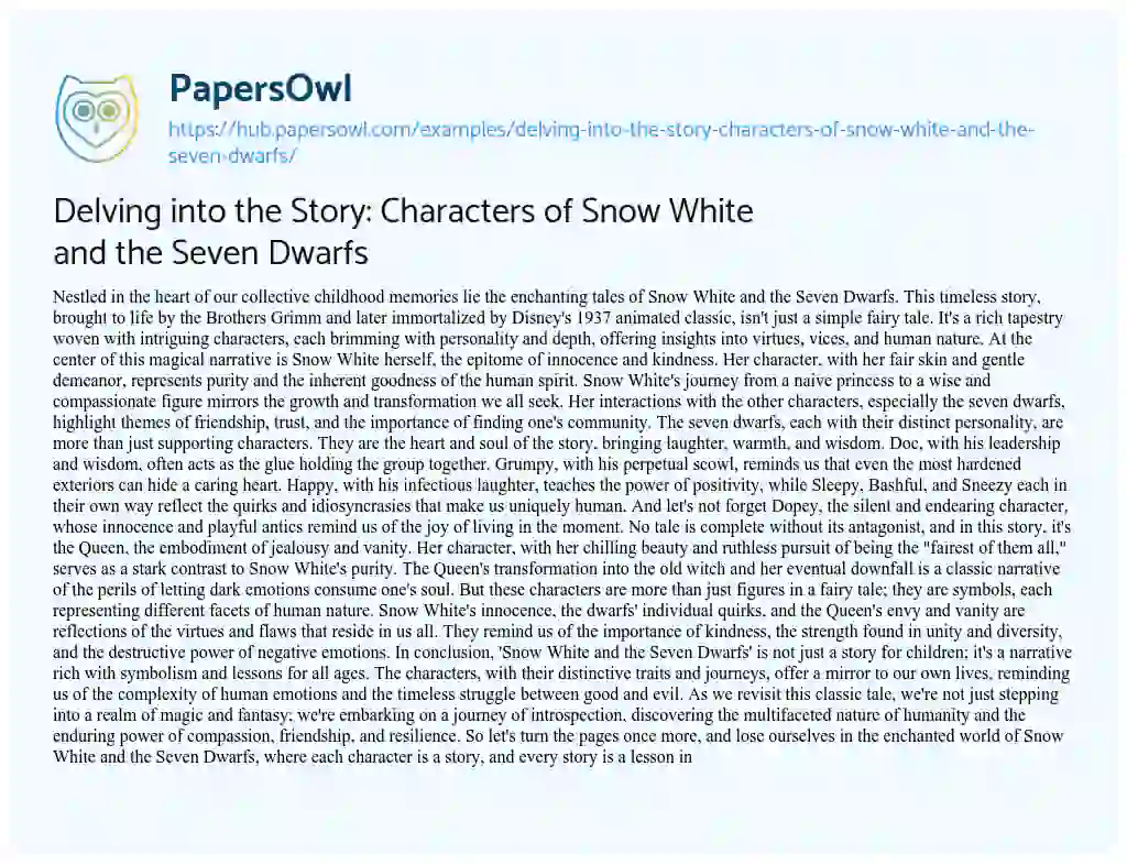 Essay on Delving into the Story: Characters of Snow White and the Seven Dwarfs