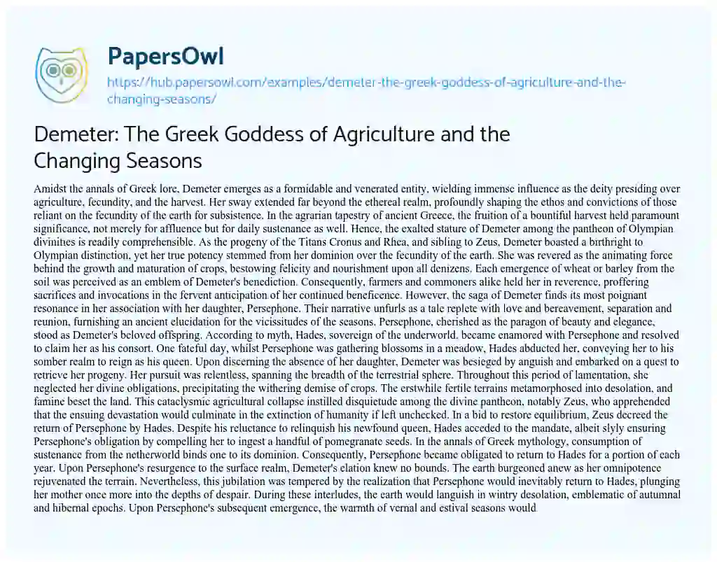 Essay on Demeter: The Greek Goddess of Agriculture and the Changing Seasons