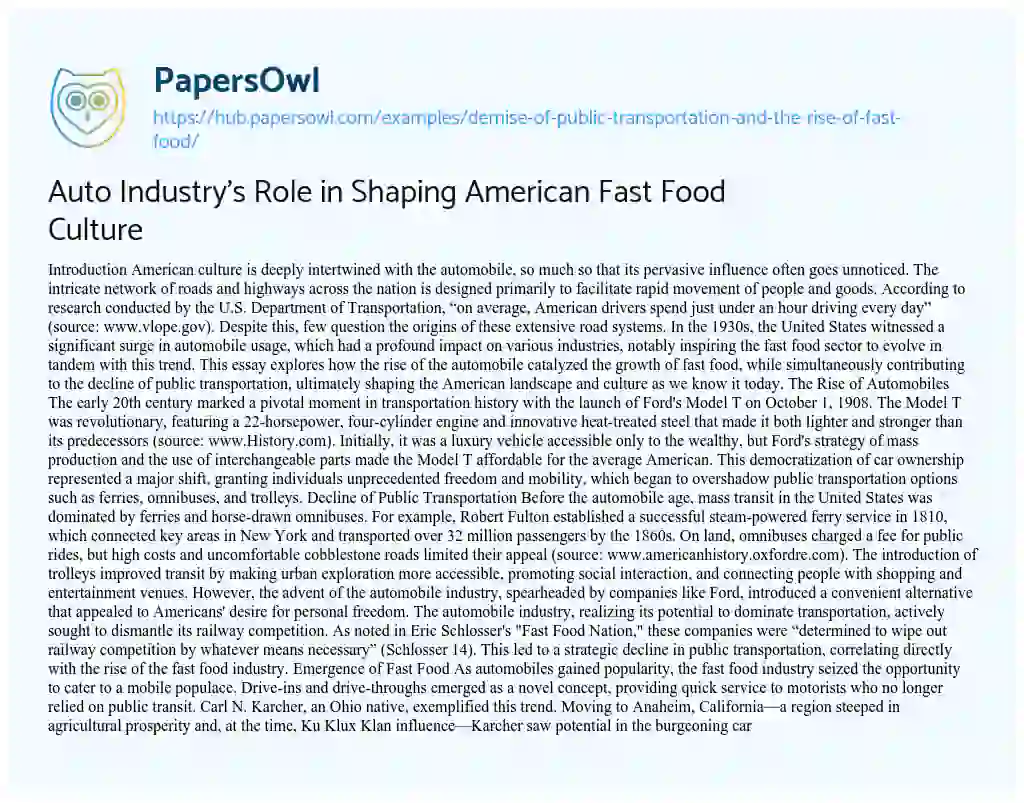 Essay on Auto Industry’s Role in Shaping American Fast Food Culture