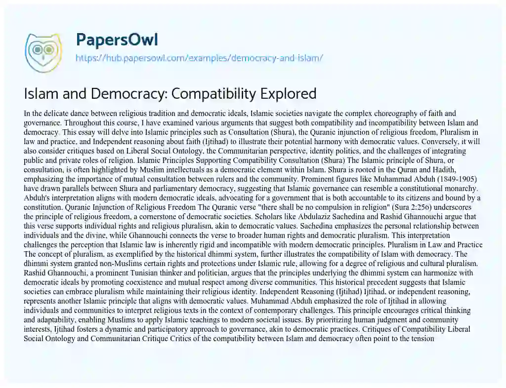 Essay on Islam and Democracy: Compatibility Explored