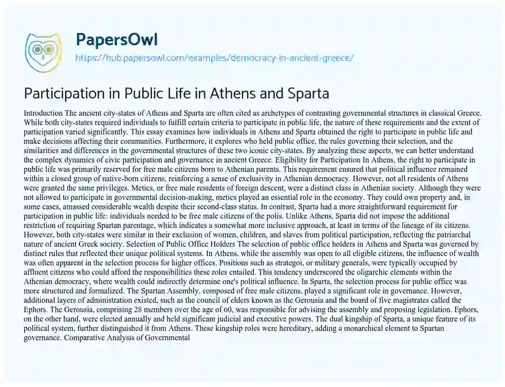 Essay on Participation in Public Life in Athens and Sparta