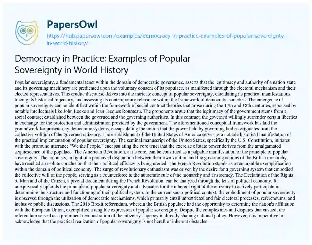 Essay on Democracy in Practice: Examples of Popular Sovereignty in World History