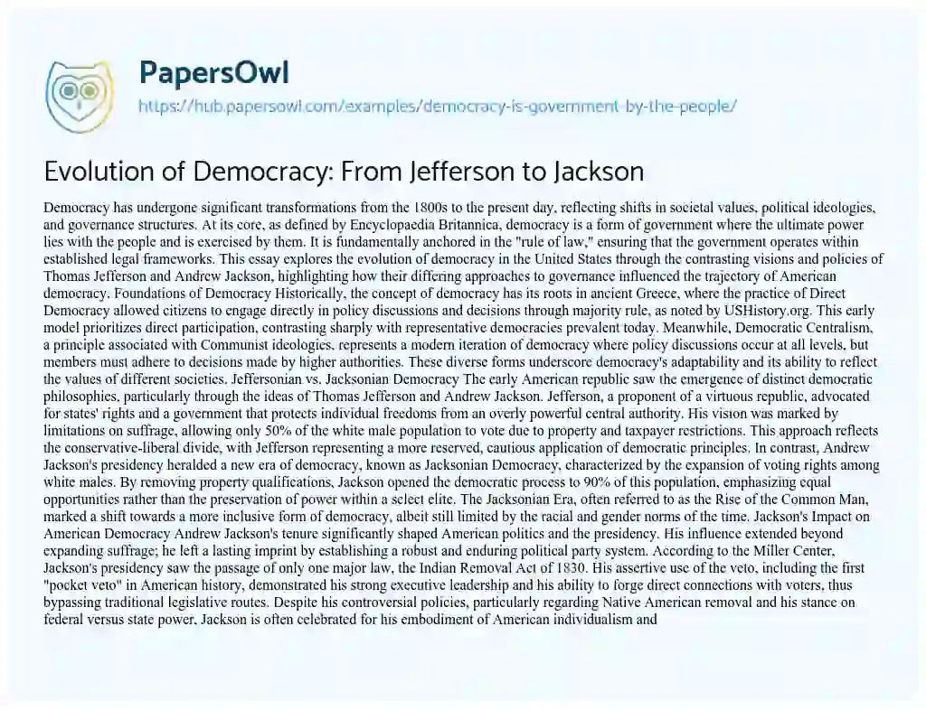Essay on Evolution of Democracy: From Jefferson to Jackson