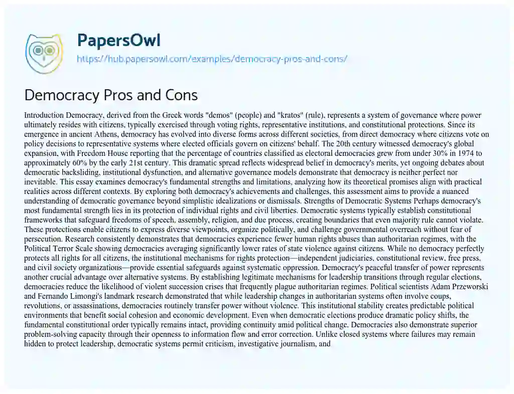 Essay on Democracy Pros and Cons