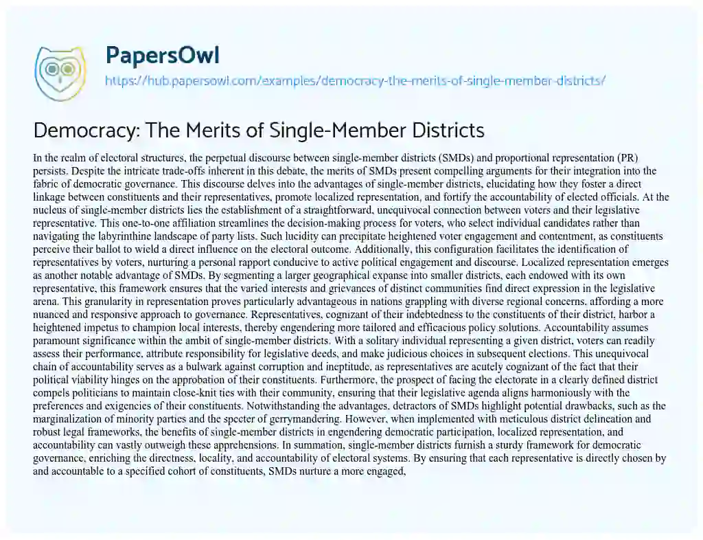 Essay on Democracy: The Merits of Single-Member Districts