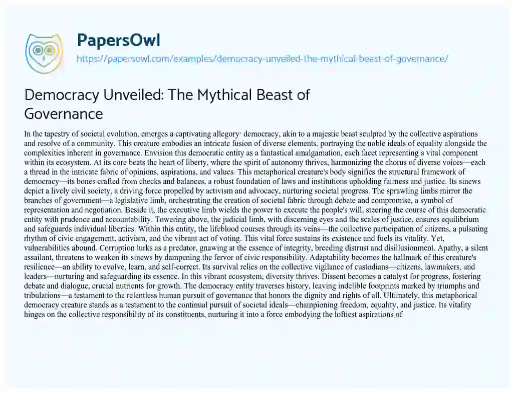 Essay on Democracy Unveiled: The Mythical Beast of Governance