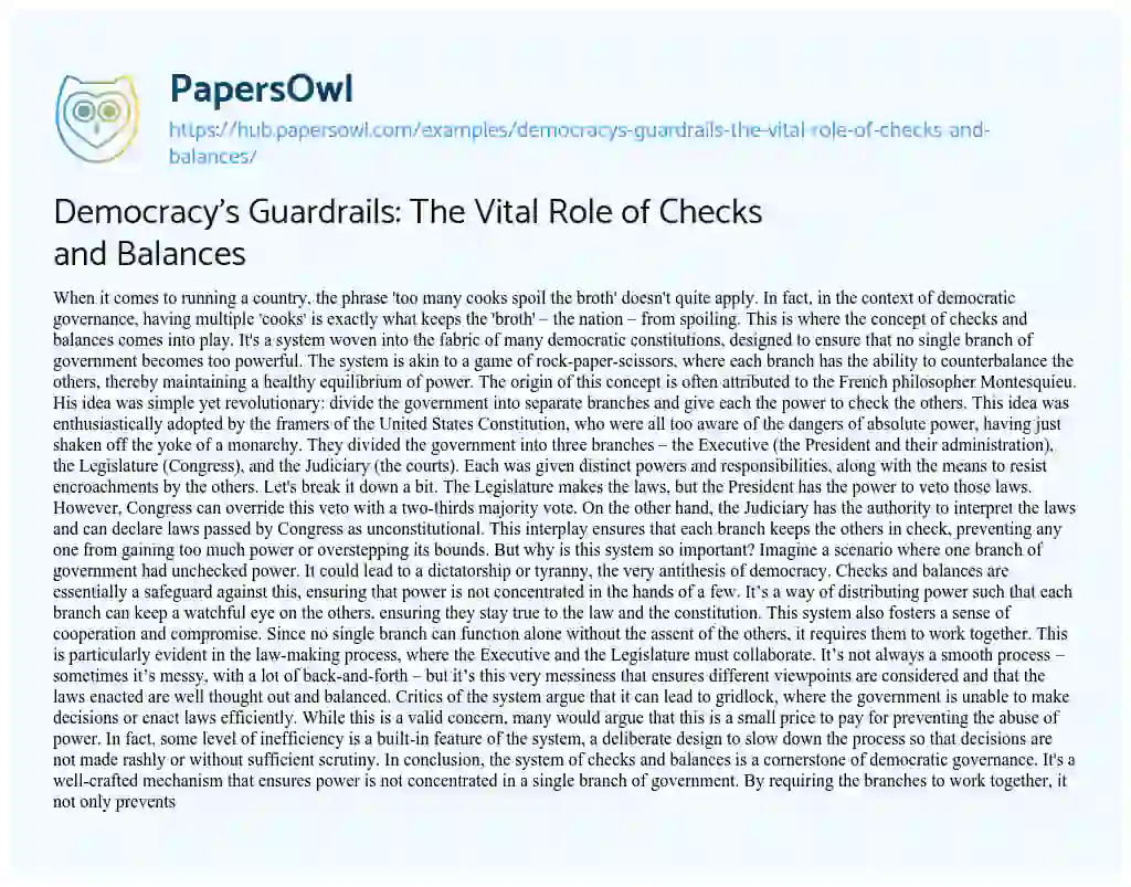 Essay on Democracy’s Guardrails: The Vital Role of Checks and Balances