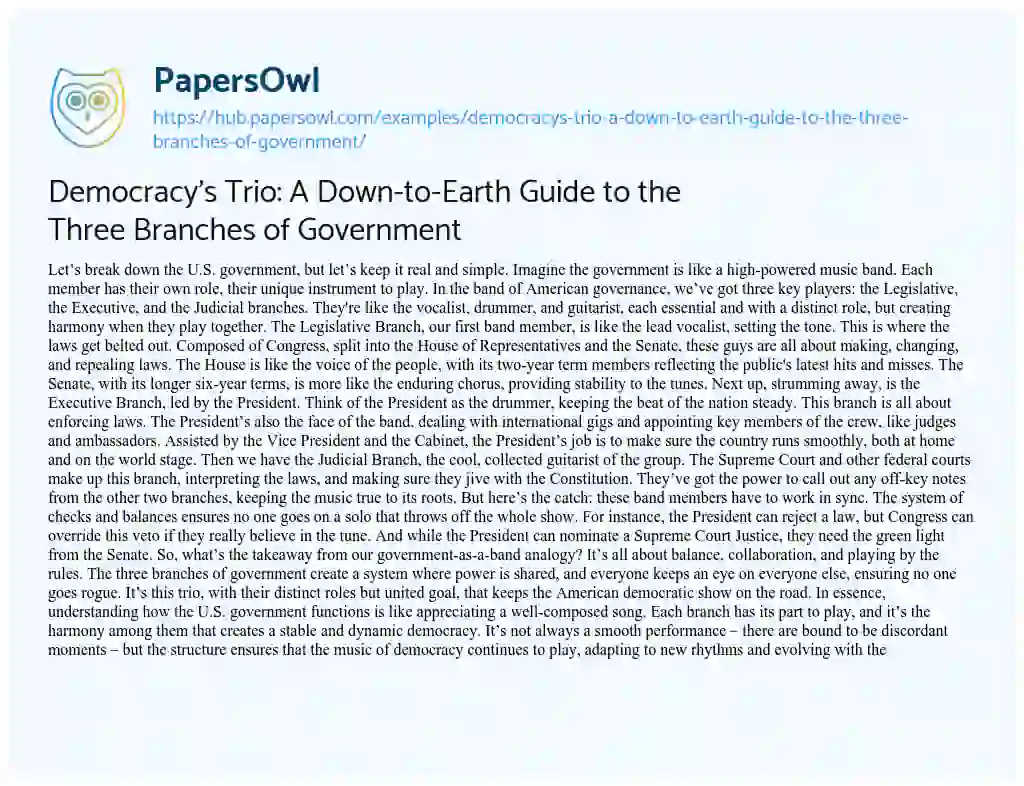 Essay on Democracy’s Trio: A Down-to-Earth Guide to the Three Branches of Government