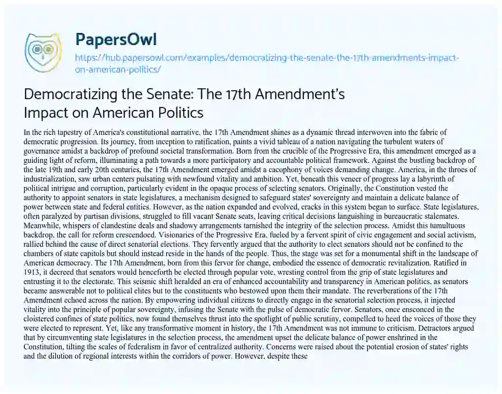 Essay on Democratizing the Senate: The 17th Amendment’s Impact on American Politics