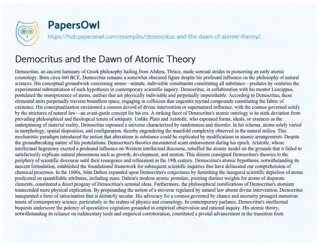 Essay on Democritus and the Dawn of Atomic Theory