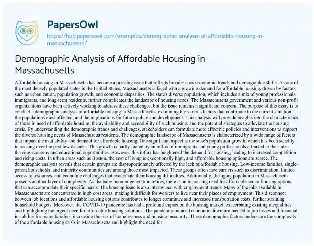 Essay on Demographic Analysis of Affordable Housing in Massachusetts