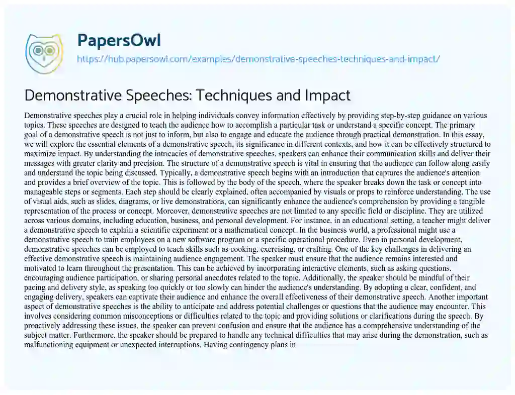 Essay on Demonstrative Speeches: Techniques and Impact