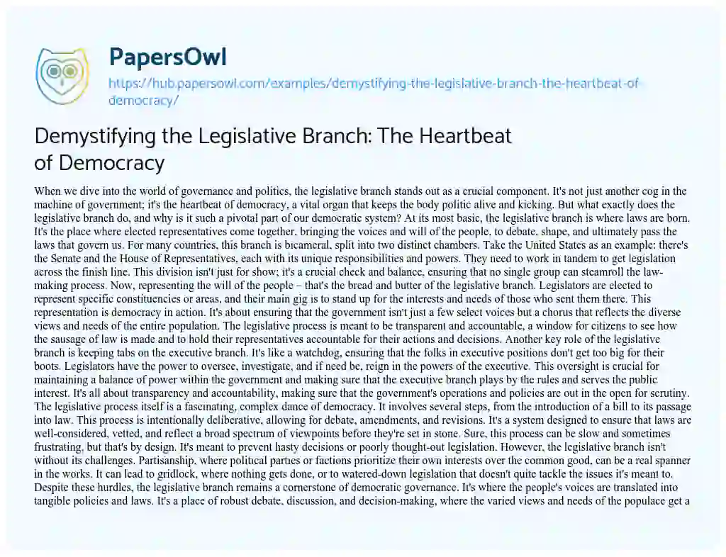 Essay on Demystifying the Legislative Branch: The Heartbeat of Democracy