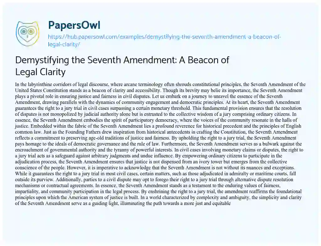 Essay on Demystifying the Seventh Amendment: A Beacon of Legal Clarity