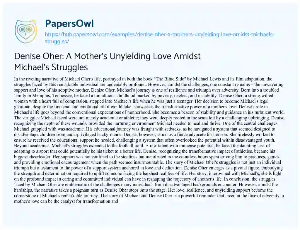 Essay on Denise Oher: A Mother’s Unyielding Love Amidst Michael’s Struggles