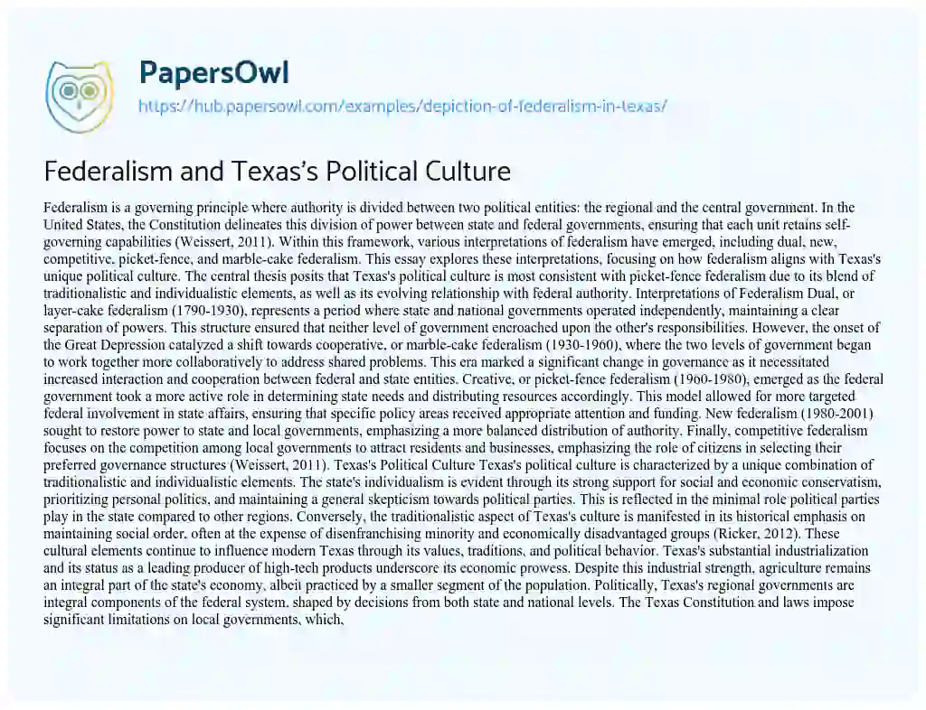Essay on Federalism and Texas’s Political Culture