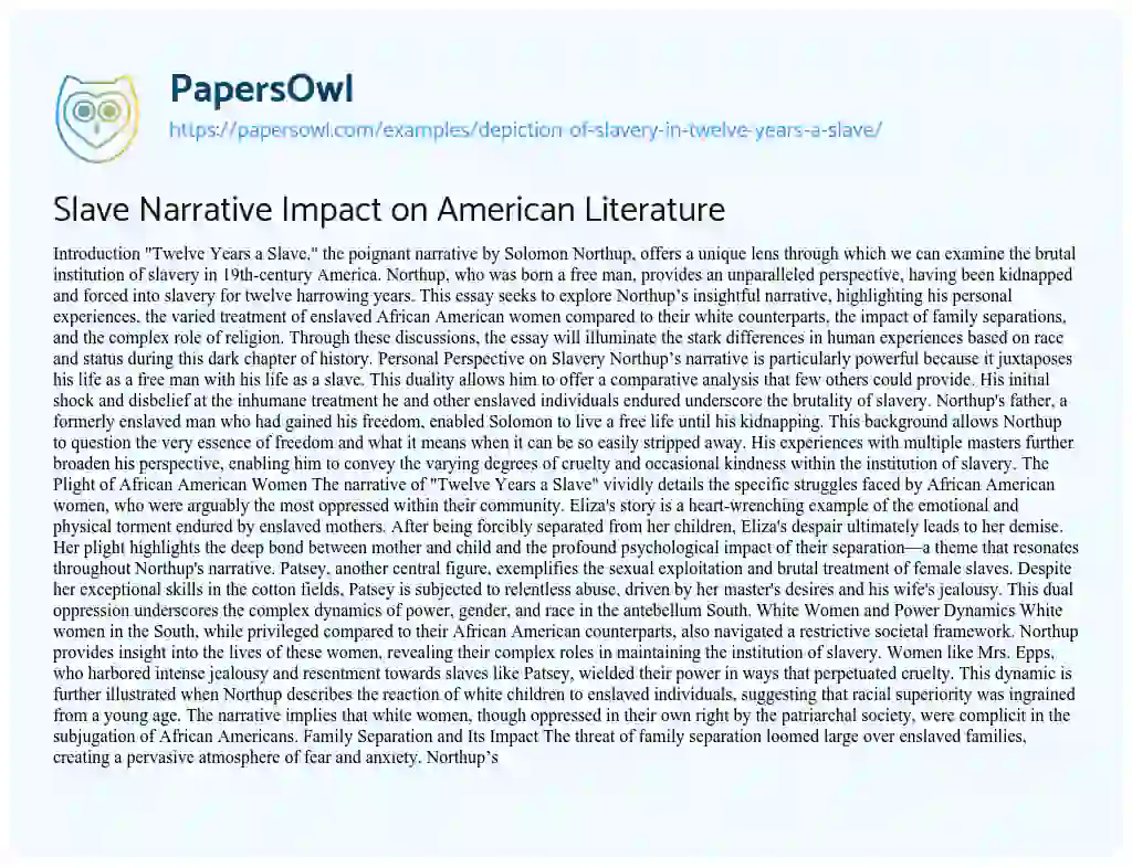 Essay on Slave Narrative Impact on American Literature